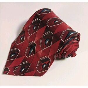 90s Henry Grethel Silk Neck Tie 57" x 4" Red Geometric Print Vintage Made In USA